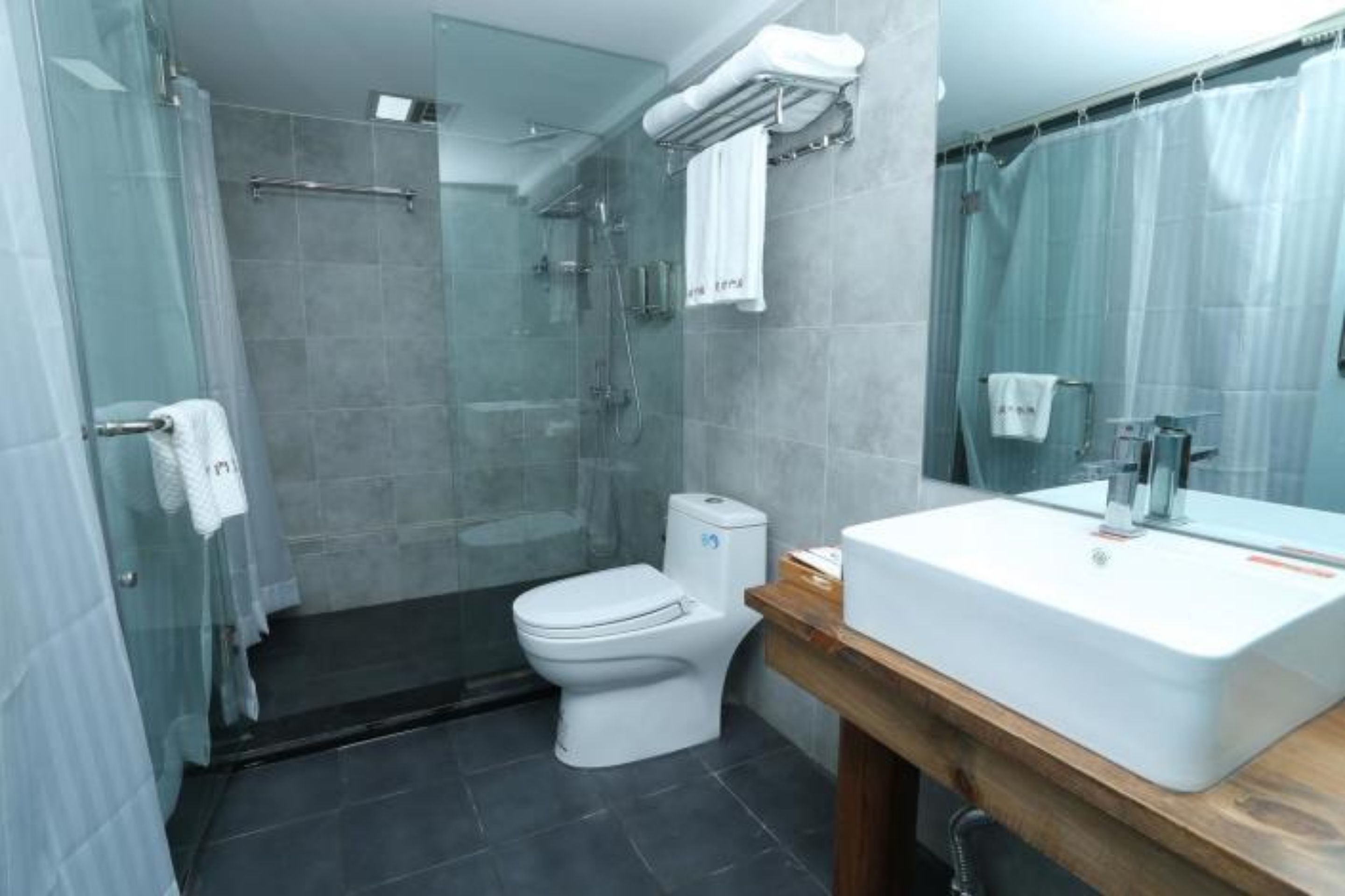 A modern bathroom with a glass-enclosed shower, a white toilet, and a large sink with a mirror.