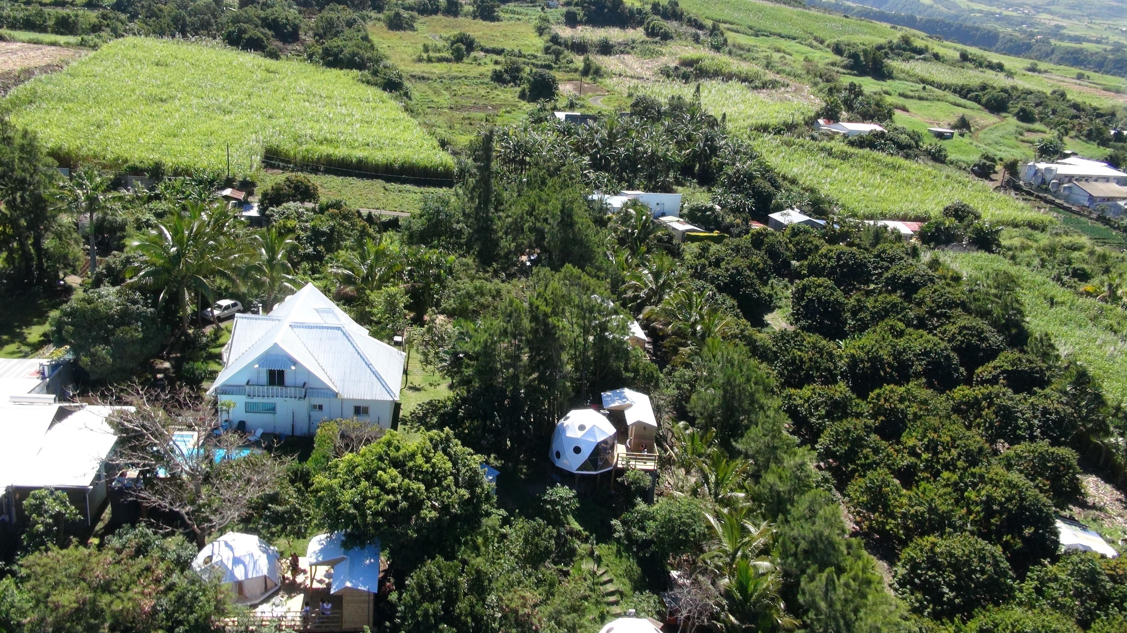 Un paisaje rural con una casa grande rodeada de abundante vegetación y campos.