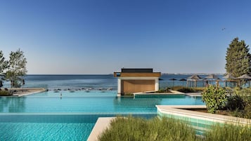 Indoor pool, outdoor pool, pool umbrellas, pool loungers