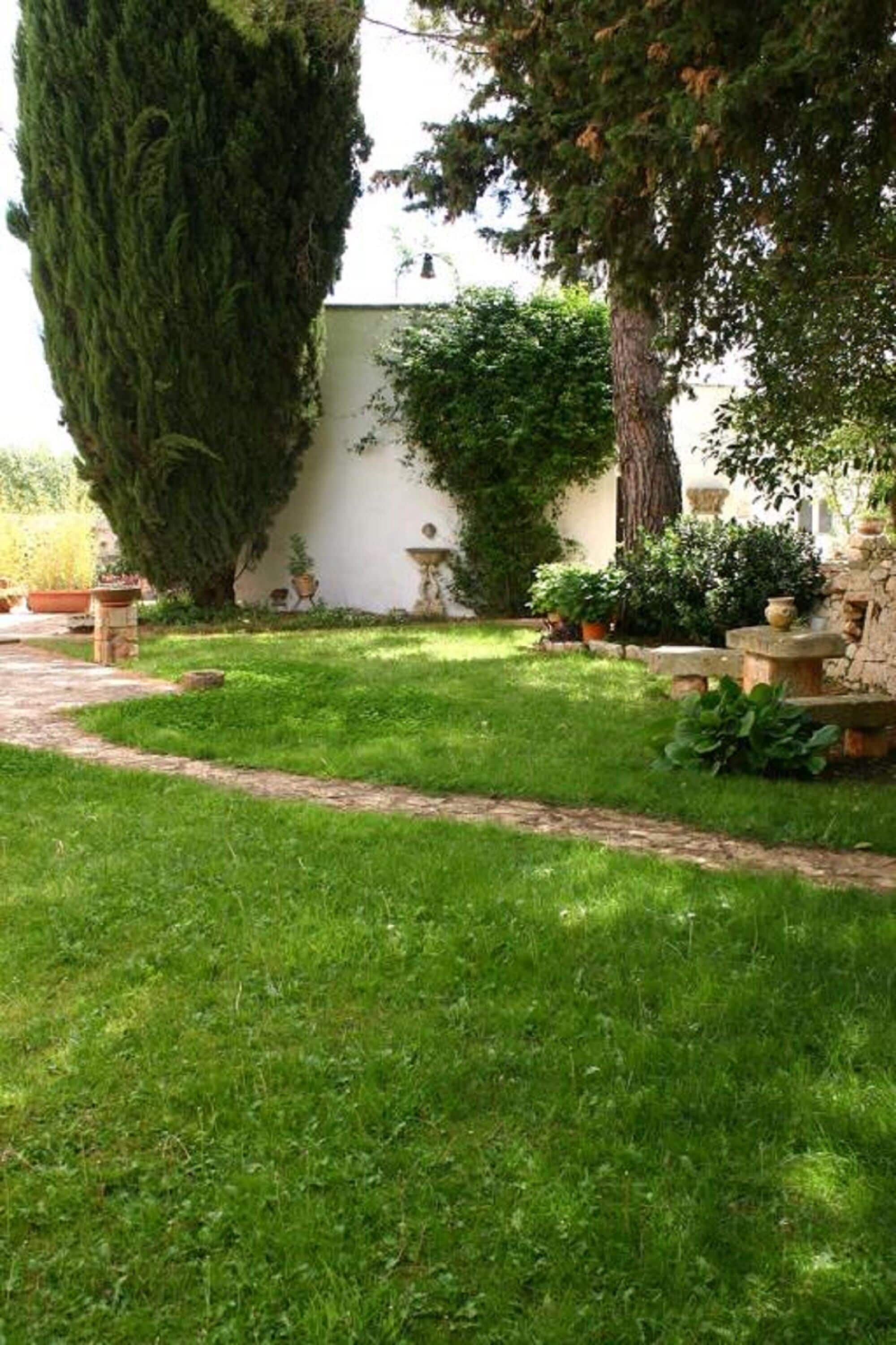 A well-maintained garden with a stone pathway, a tall tree, and a stone fountain.