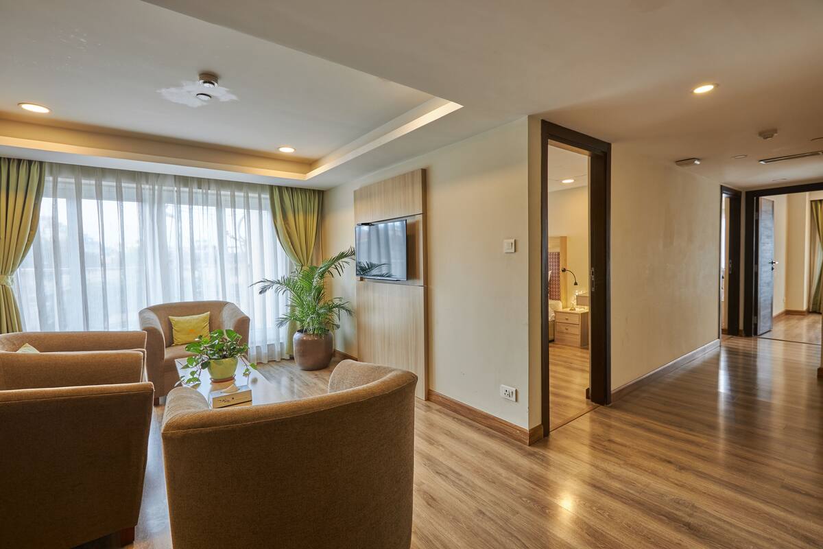 A modern living room with a wooden floor, a sofa set, a dining table with a plant, and a TV mounted on the wall.