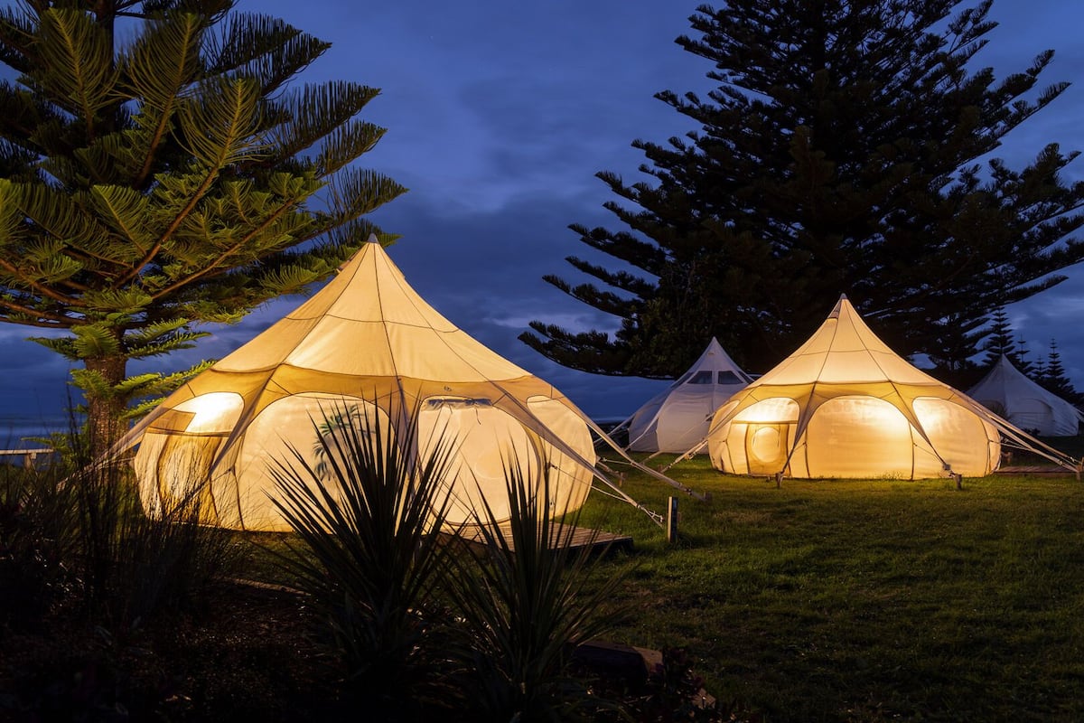 Three dome-shaped tents with internal lighting, set in a grassy area with trees in the background.