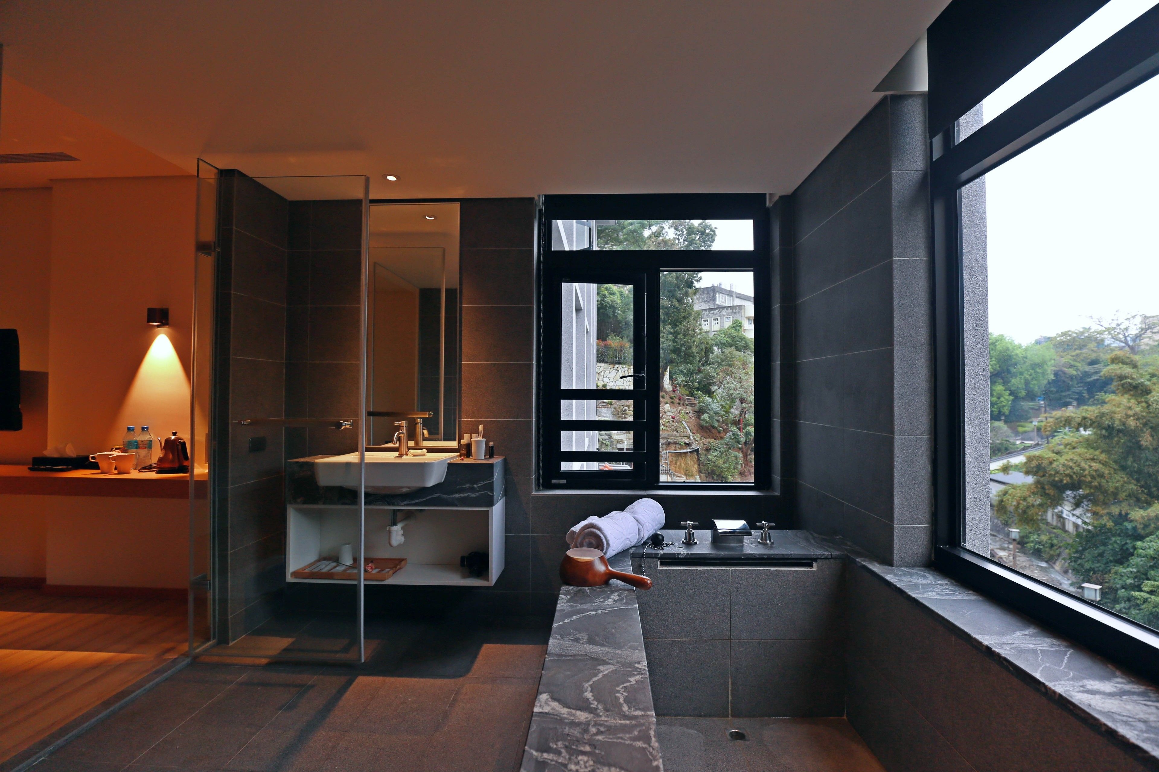 deluxe double room, park view | bathroom | separate bathtub and shower, spring water bathtub, rainfall showerhead