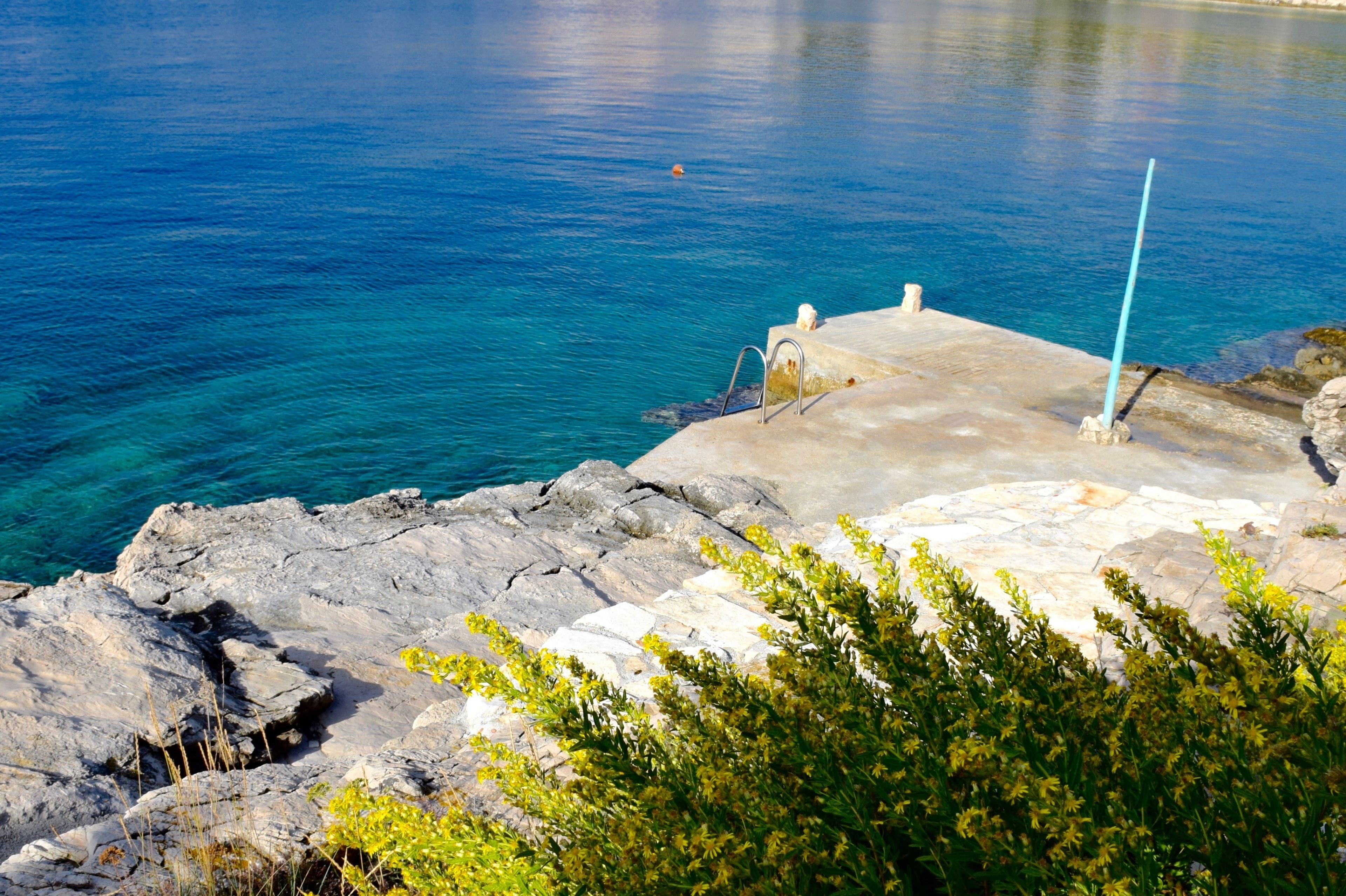 A rocky shoreline with clear blue water, a concrete platform, and some greenery.