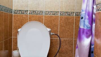 Un baño con inodoro, cortina de ducha y paredes con azulejos.