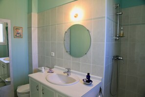 Hair dryer, soap, shampoo, toilet paper