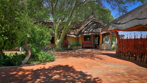 A traditional thatched-roof structure with a brick pathway leading to it, surrounded by lush greenery. - Guest Farm Kiripotib (Windhoek)