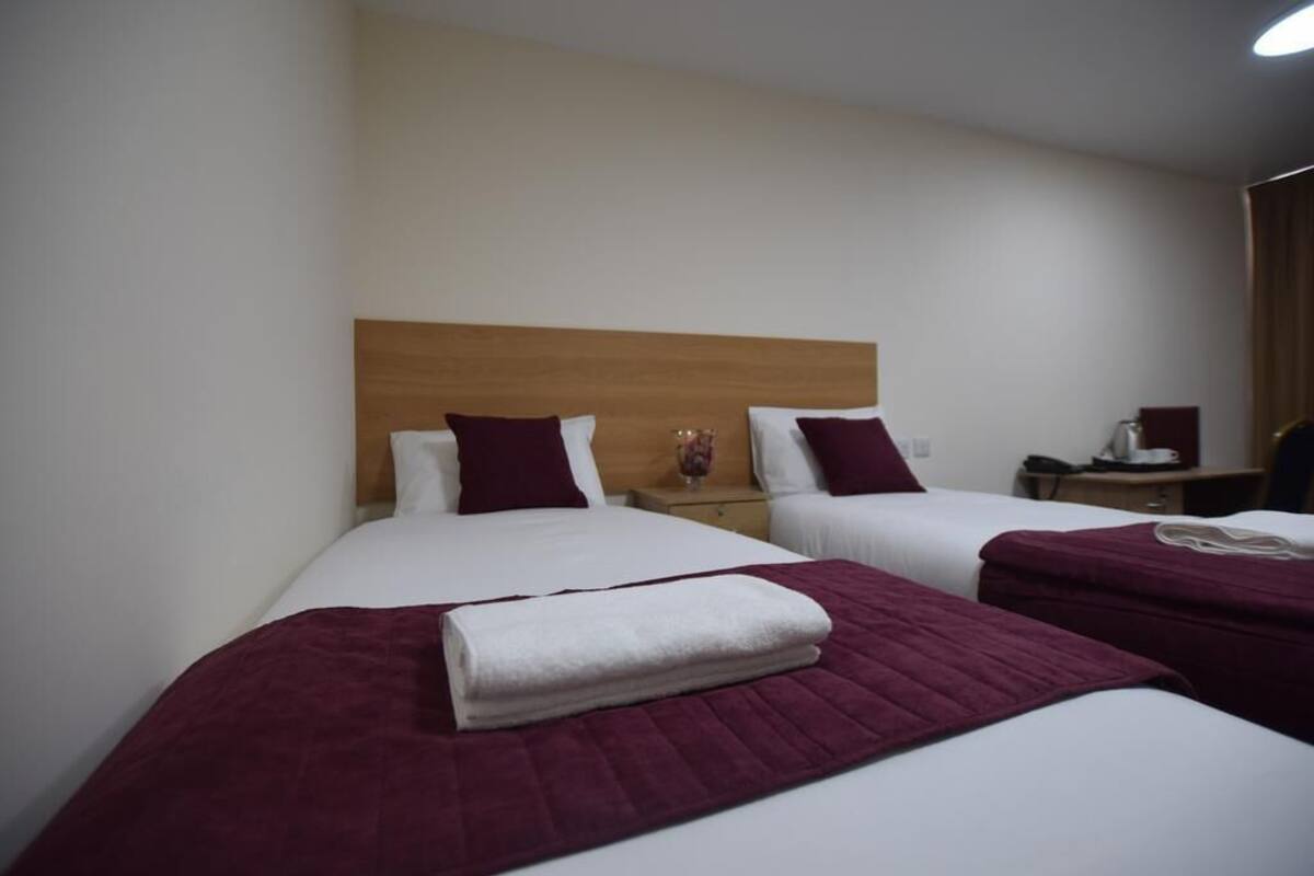 A hotel room with two beds, each with white linens and maroon pillows. There is a wooden headboard, a nightstand with a lamp, and a small table with a vase of flowers.