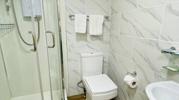 Une salle de bain dotée d’une douche à parois de verre, de toilettes, d’un lavabo et de murs aux motifs de marbre.
