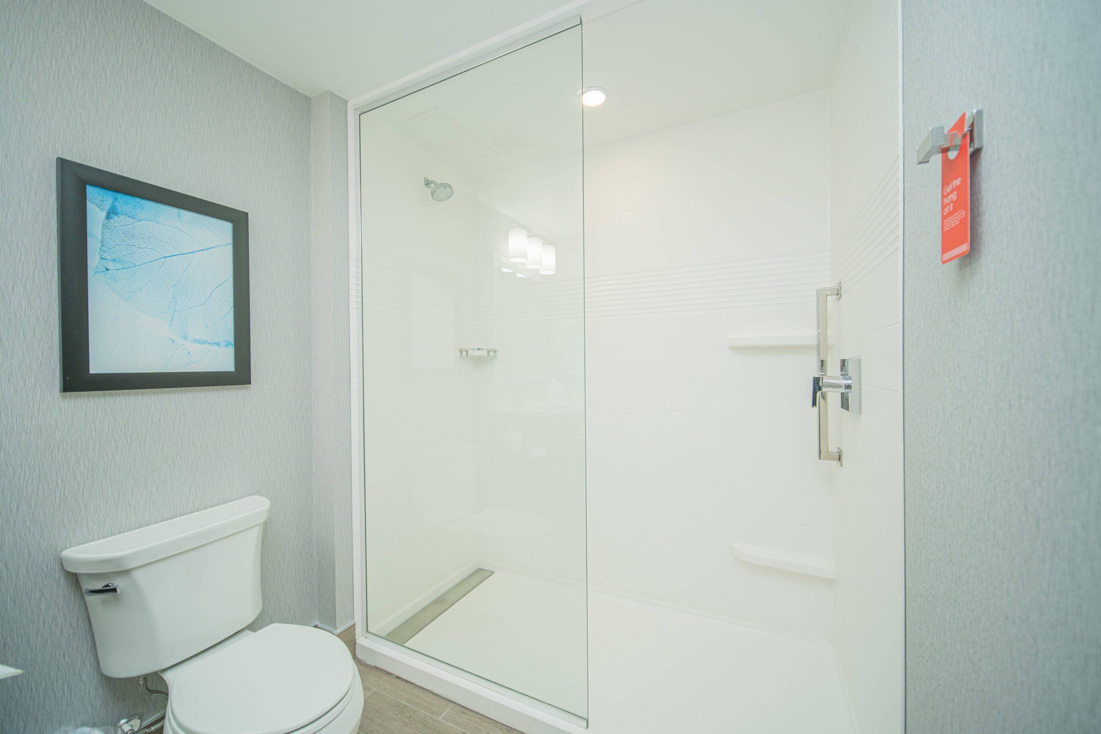 Une salle de bain moderne avec une douche à parois de verre, des toilettes blanches et un tableau encadré au mur.