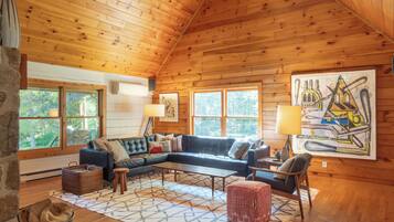 Smart TV, fireplace, books, video library