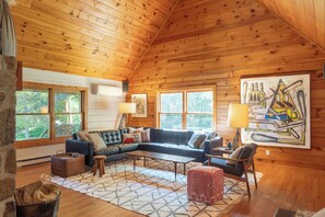 Smart TV, fireplace, books, video library