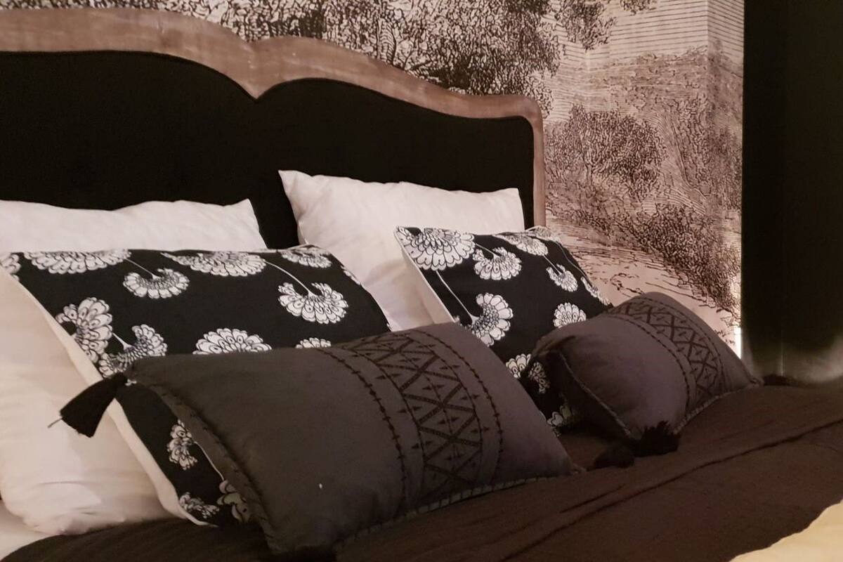 A bed with a dark headboard, two patterned pillows, and a dark blanket.