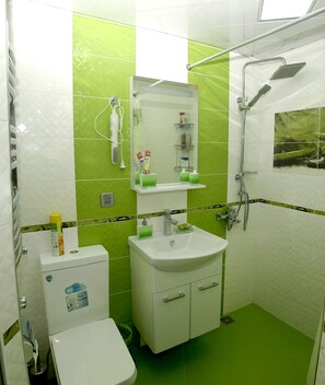 Shower, hair dryer, towels, shampoo