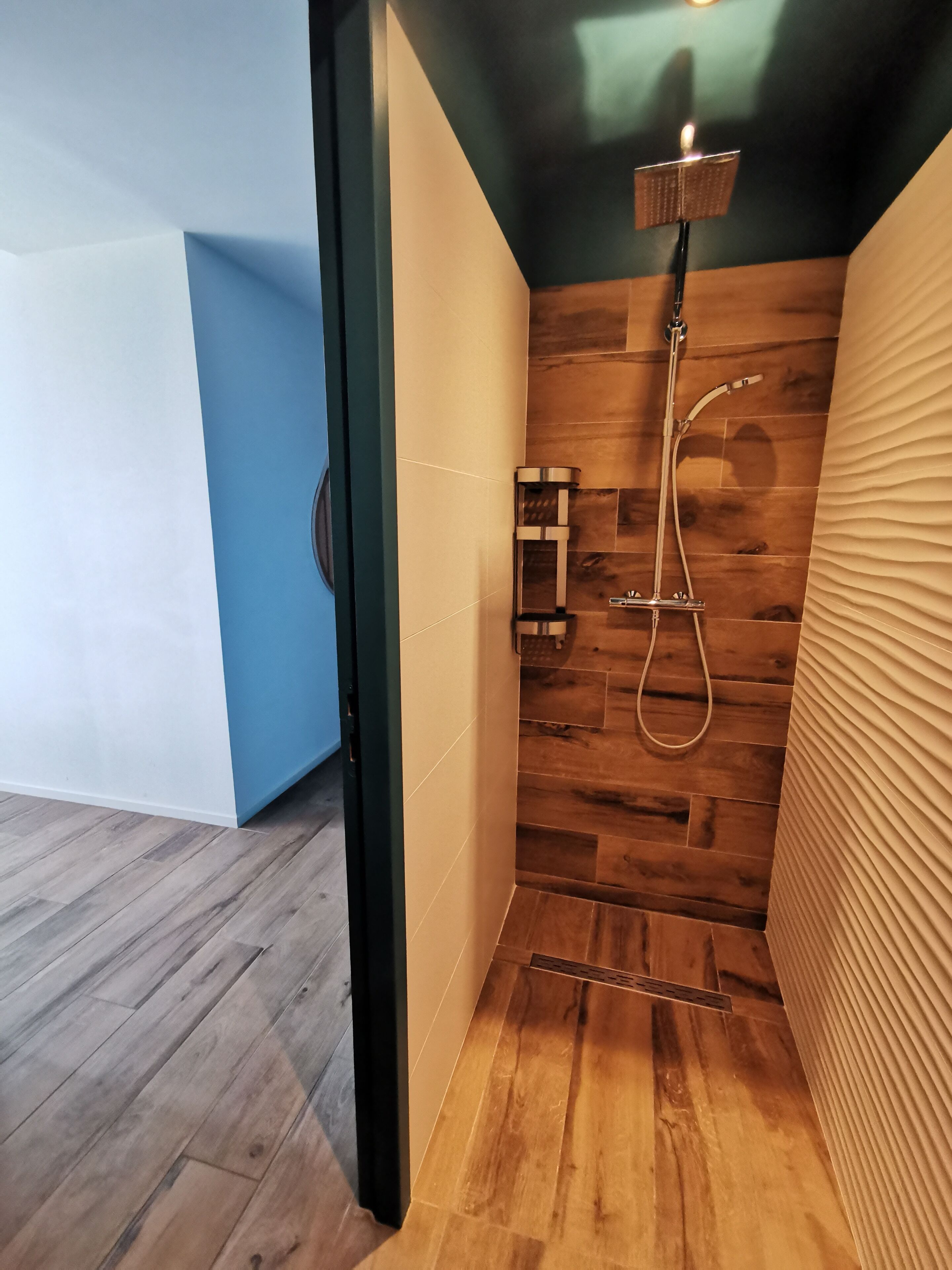 Une salle de bain moderne avec un mur en bois, une douche équipée d’un pommeau de douche à main et un porte-serviettes.