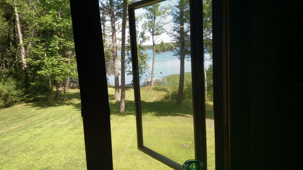 A view through a window with a mesh screen, displaying a grassy area with trees and a body of water in the background. - Waterfront Lakehouse (Stetson)