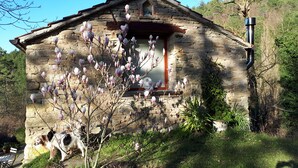 Una casa de piedra con un porche de madera y una ventana con cortina blanca.