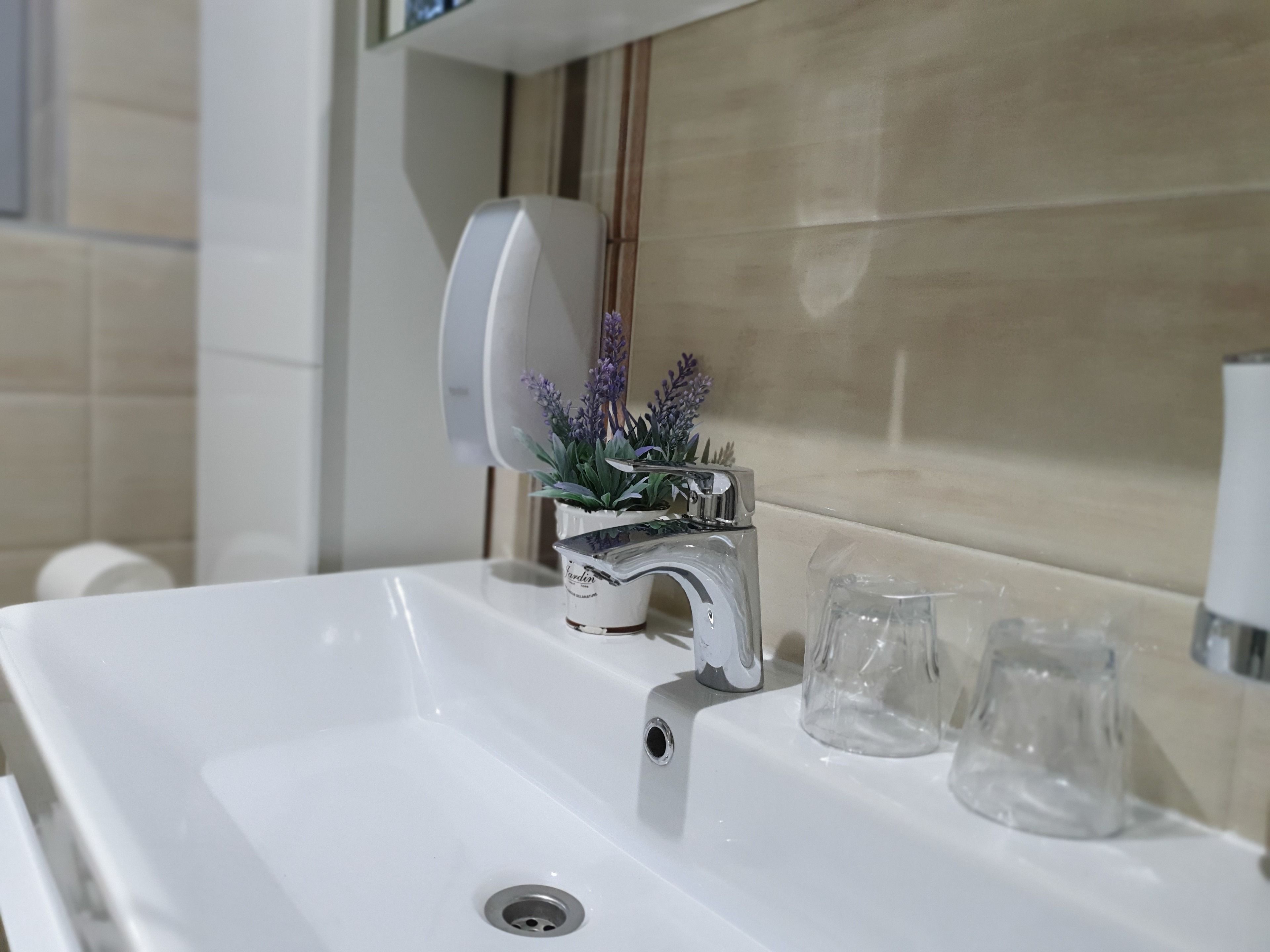 A bathroom sink with a modern faucet, a small potted plant with lavender, and two clear glasses on the counter.