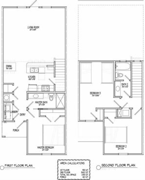 Een plattegrond van een huis met een woonkamer, eetgedeelte, keuken, hoofdslaapkamer, badkamer en twee extra slaapkamers.
