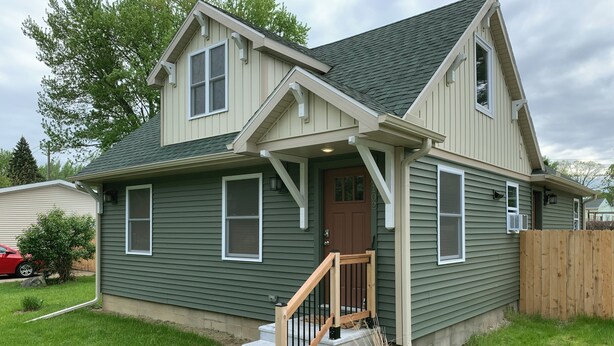 A two-story house with a front porch, a wooden staircase, and a mailbox. - Park Right by Your Door -1 BR, 1 Bath, Full Kitchen, 1st Floor Laundry. (Lansing)