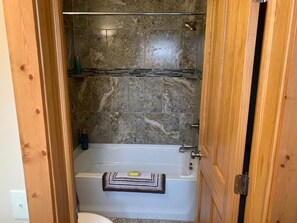 Combined shower/bathtub, hair dryer, towels, soap - Park Right by Your Door -1 BR, 1 Bath, Full Kitchen, 1st Floor Laundry. (Lansing)