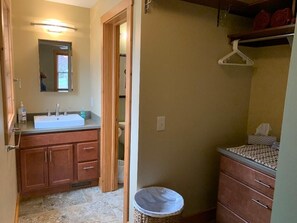 A bathroom with a sink, mirror, and wooden cabinets. - Park Right by Your Door -1 BR, 1 Bath, Full Kitchen, 1st Floor Laundry. (Lansing)