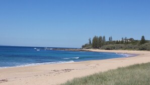 A beach with clear blue water, sandy shore, and a line of trees in the background. - Wellington Parade 15a, Shelly Beach, Caloundra (SHELLY BEACH)