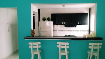 Full-size fridge, microwave, oven, stovetop