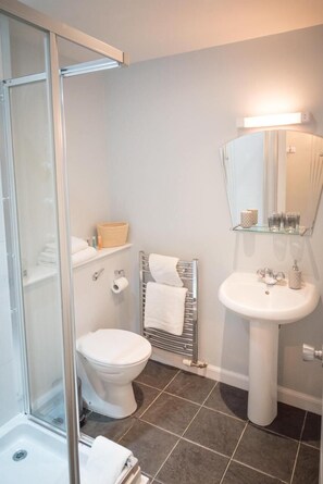 A modern bathroom with a glass shower enclosure, a white sink, and a toilet. - Glenarch House (Dalkeith)