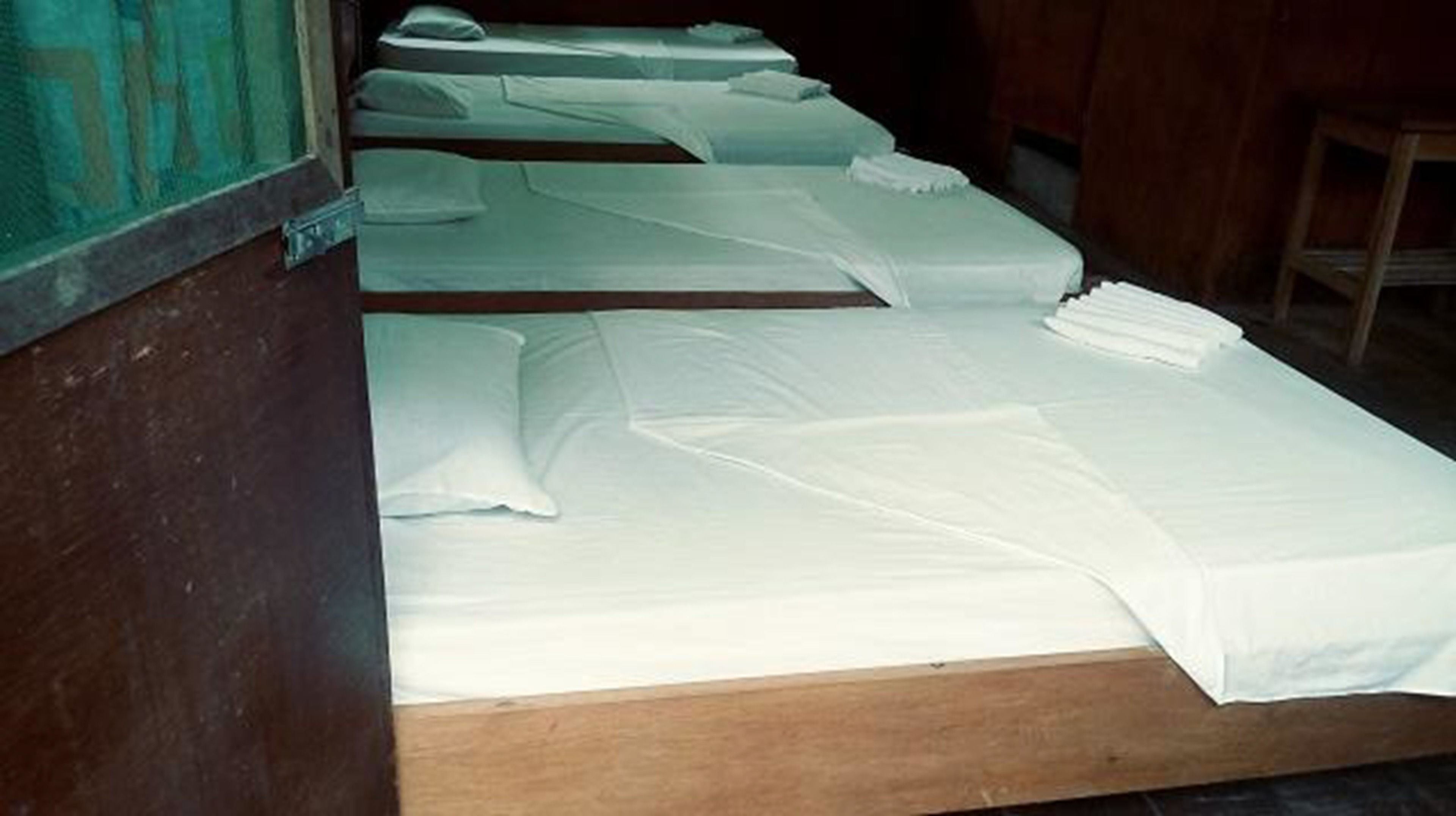 A row of unmade beds in a room with wooden flooring and a dark wall.