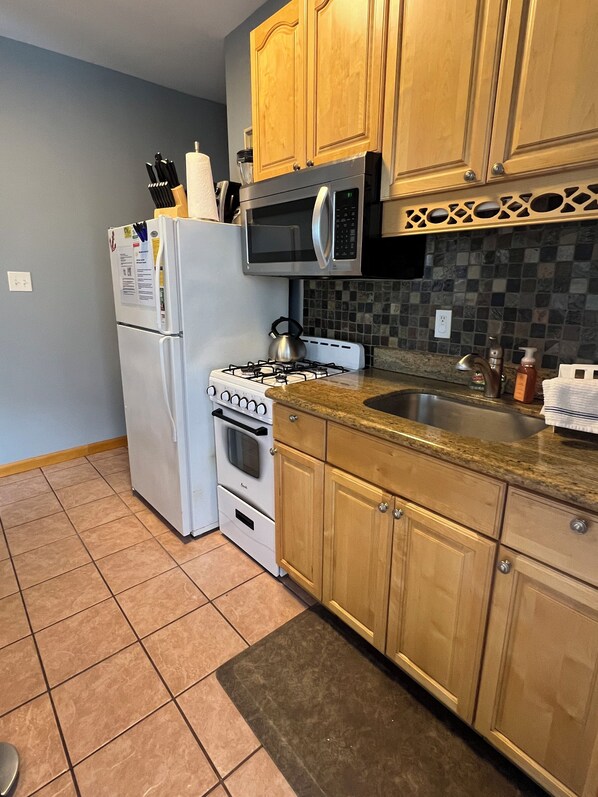 Una cocina equipada con refrigerador, estufa, microondas y pileta.