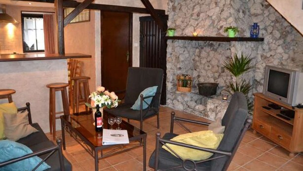 Un salon chaleureux avec une cheminée en pierre, des fauteuils confortables et un téléviseur.