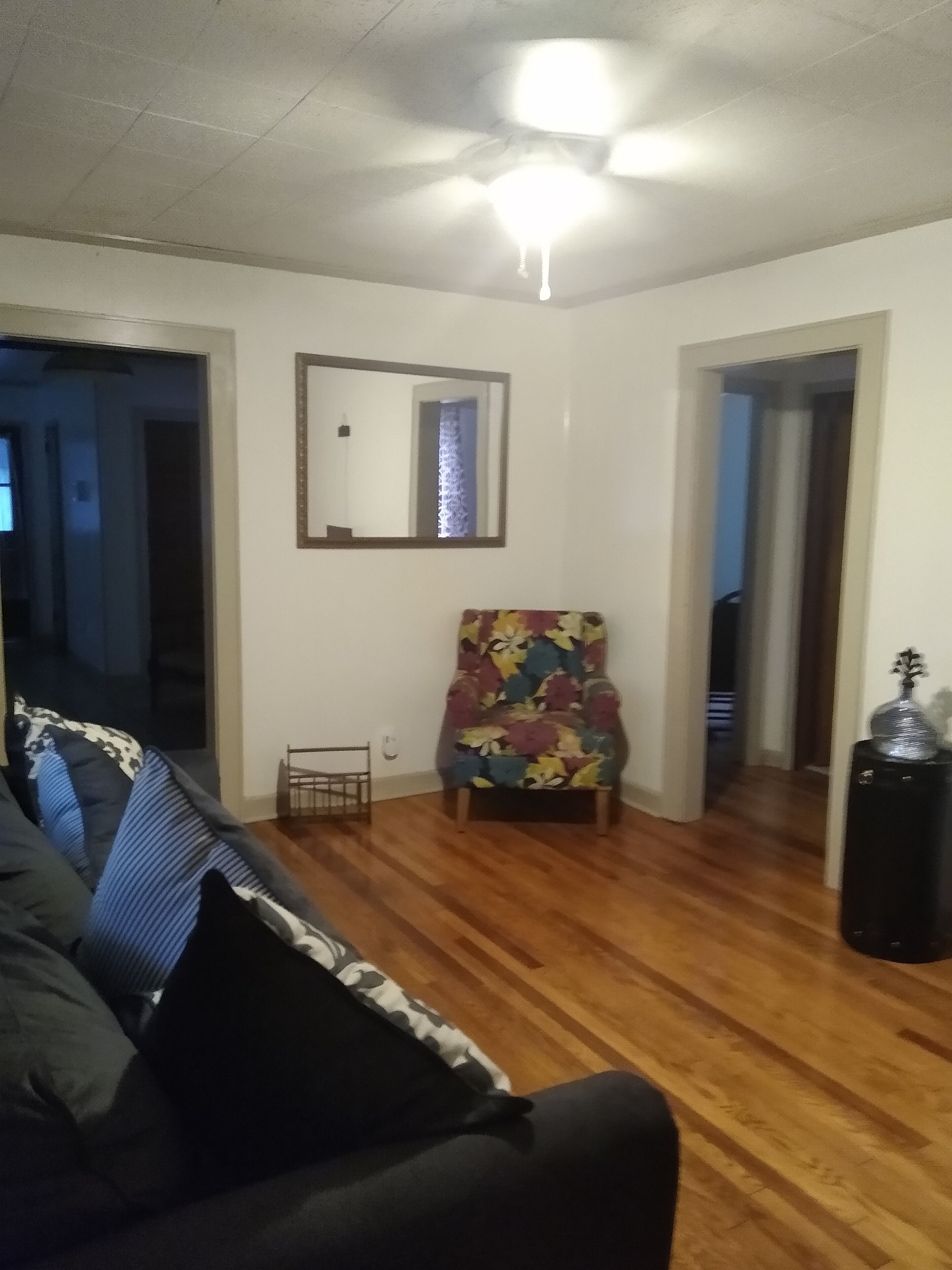 Una sala de estar con piso de madera, un sofá con cojines estampados, un sillón floral, un espejo en la pared y una lámpara en el techo.