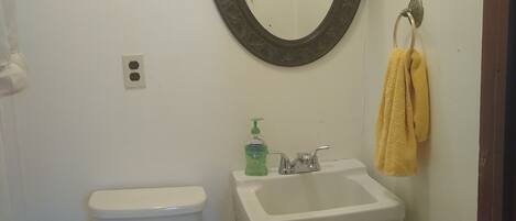 A small bathroom with a toilet, a sink, and a mirror.
