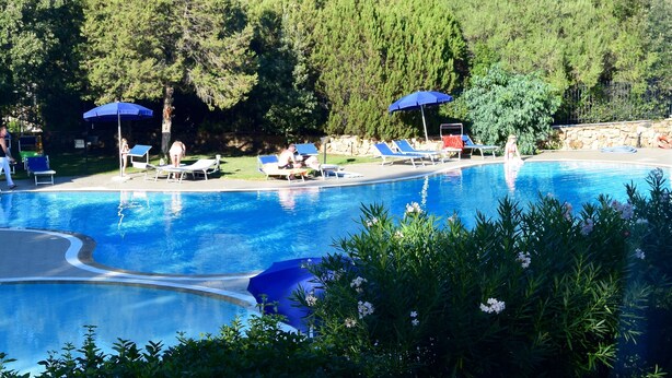 A swimming pool with lounge chairs and umbrellas, surrounded by greenery and a stone wall.