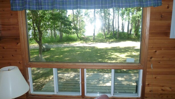 Una habitación con un ventanal grande que da a un área verde con árboles.
