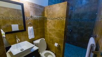 Shower, hair dryer, towels, soap