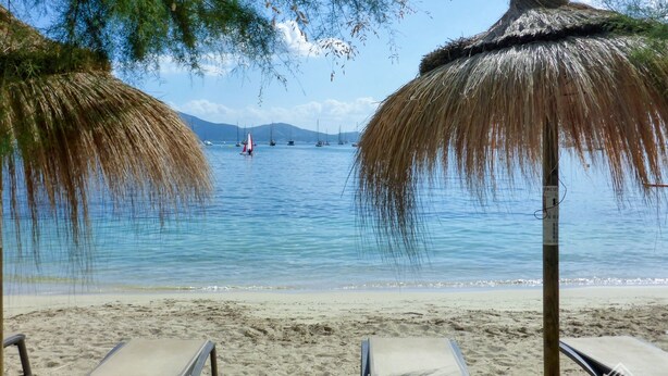 Una playa con dos sombrillas de paja, una orilla arenosa y un mar tranquilo con veleros.