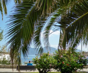 A bench under palm trees by a waterfront with boats and a mountain in the background. - Apartamento La Llimona - Nice apartment near the beach in Port de Pollença (Port de Pollença)
