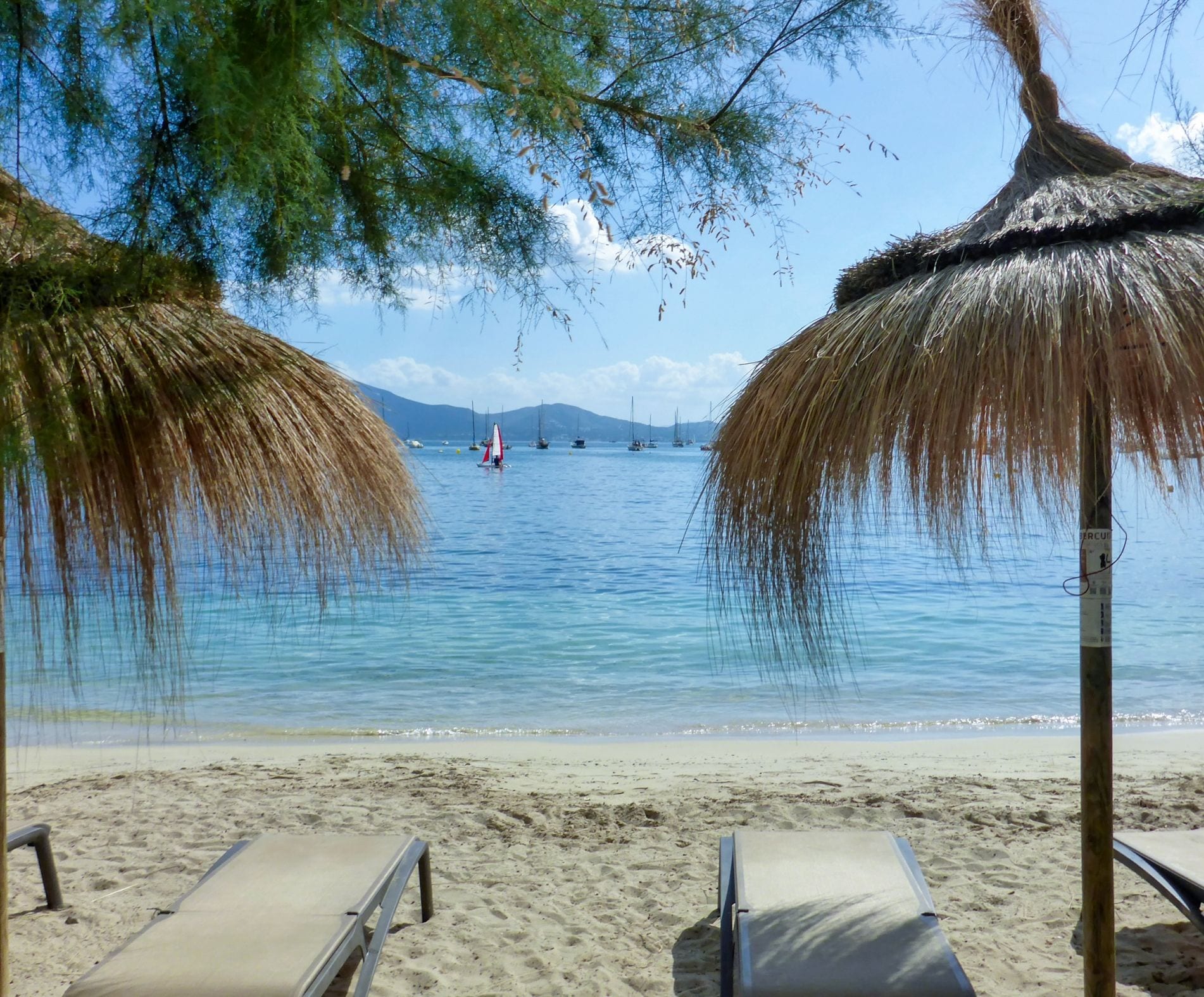 A beach with two thatched umbrellas, a sandy shore, and a calm sea with sailboats.