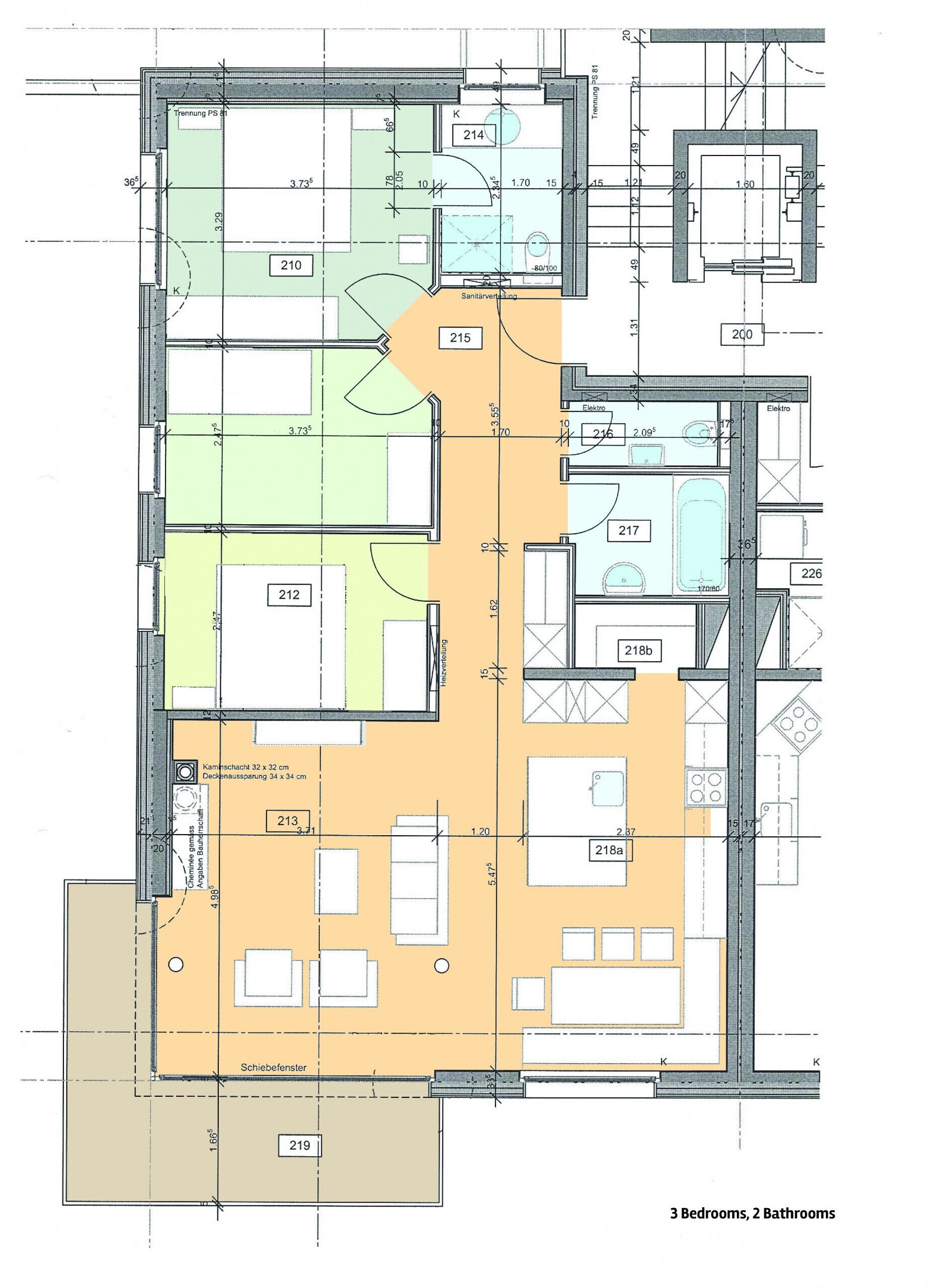 Plano de planta de un apartamento de 3 habitaciones y 2 baños, con cocina, sala de estar y balcón.