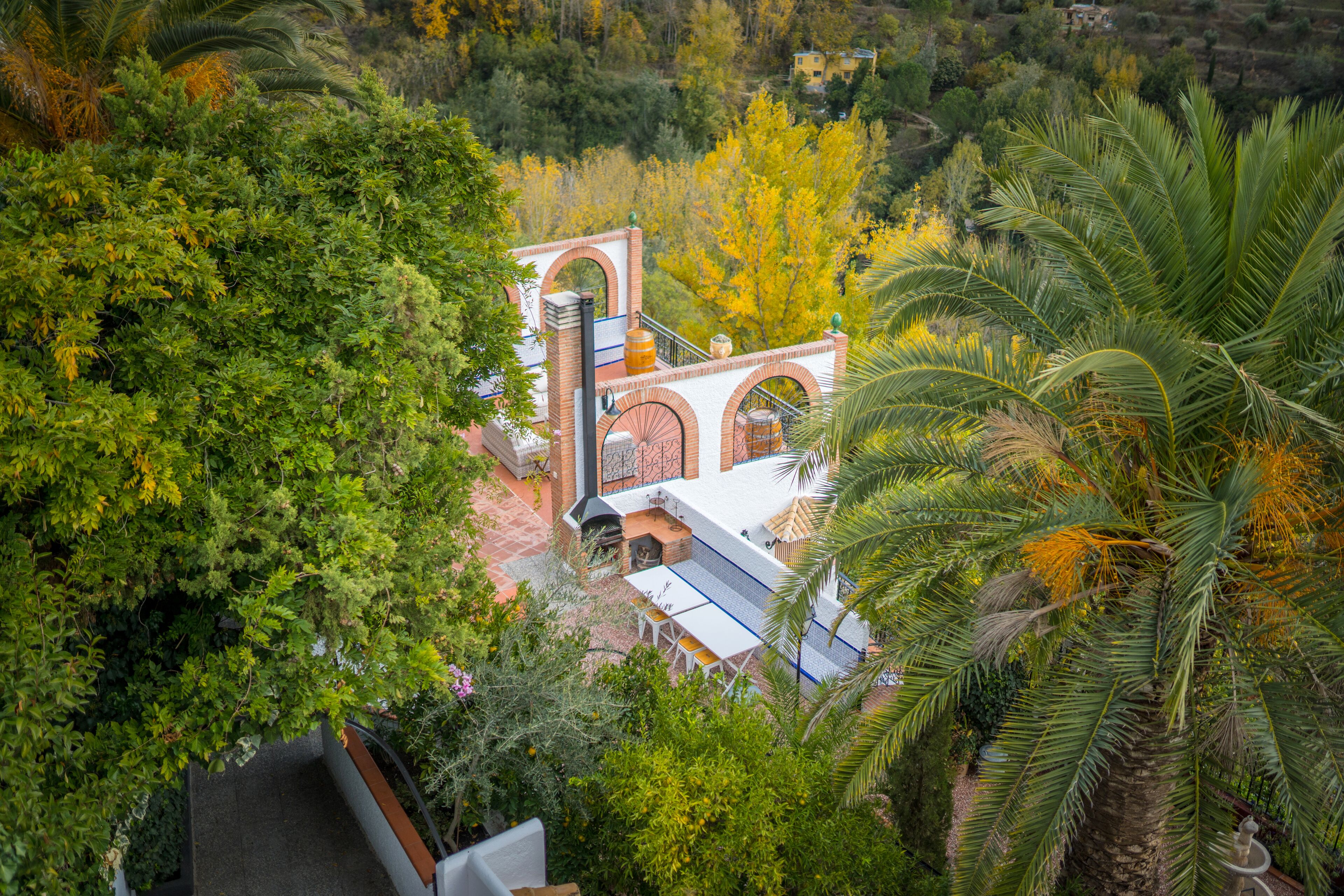 Eine Villa mit Terrasse, umgeben von üppiger Vegetation und Palmen.