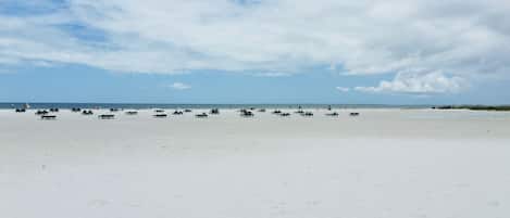 Sur la plage, chaise longue, serviettes de plage