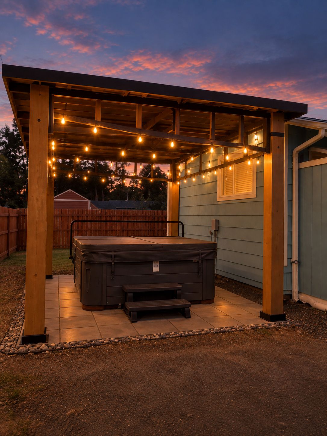 A covered outdoor area with a hot tub, string lights, and a wooden pergola.