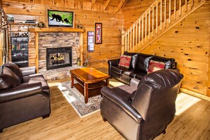 TV, fireplace - Afternoon Delight: S/Secluded, Hot Tub, Game Room, Wifi, near Attractions! (Sevierville)