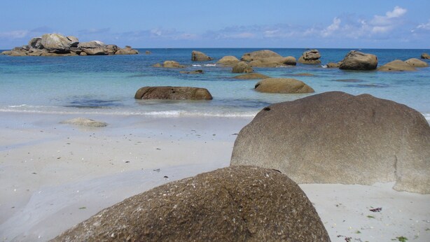 Ein Strand mit großen Felsen und klarem, blauem Wasser.