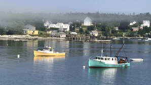 A harbor with boats and houses in the background. - Spacious Cottage Overlooking Bass Harbor with Sweeping Front Lawn (Bass Harbor)