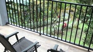A balcony with two chairs and a view of a lush garden. -  Birders retreat in El valle de Anton

      The Rufous motmot (Anton Valley)