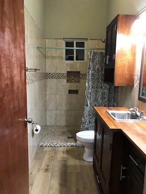 Douche, séchoir à cheveux, serviettes fournies, savon
