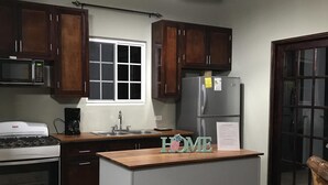 A kitchen with dark wooden cabinets, a stainless steel refrigerator, a built-in oven, a microwave, and a window. -  Birders retreat in El valle de Anton

      The Rufous motmot (Anton Valley)